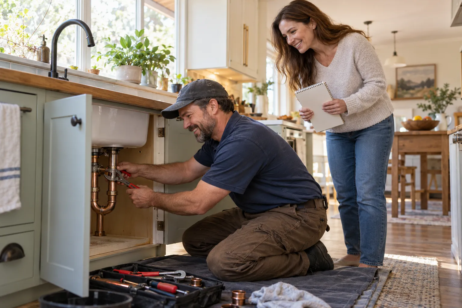 Friendly local plumbing provider checking a pipe under a kitchen sink with a homeowner in De Soto